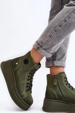 Discount Maciejka Zamszowe Botki Na Masywnej Platformie 06309-24 Oliwkowe