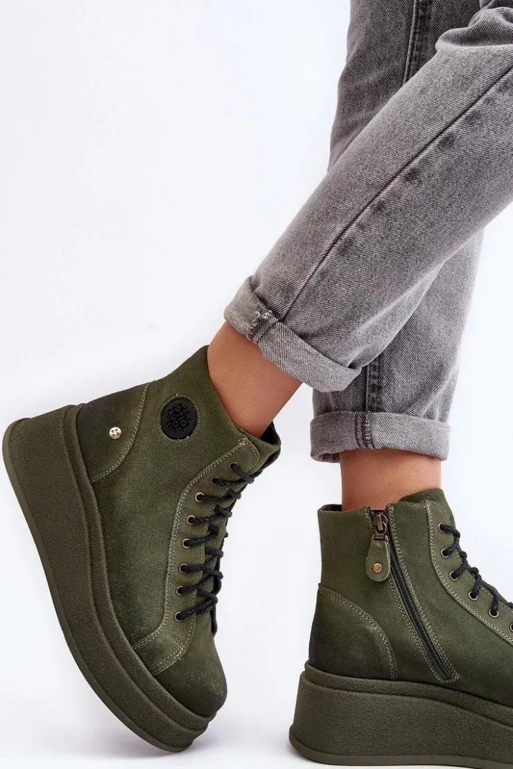 Discount Maciejka Zamszowe Botki Na Masywnej Platformie 06309-24 Oliwkowe