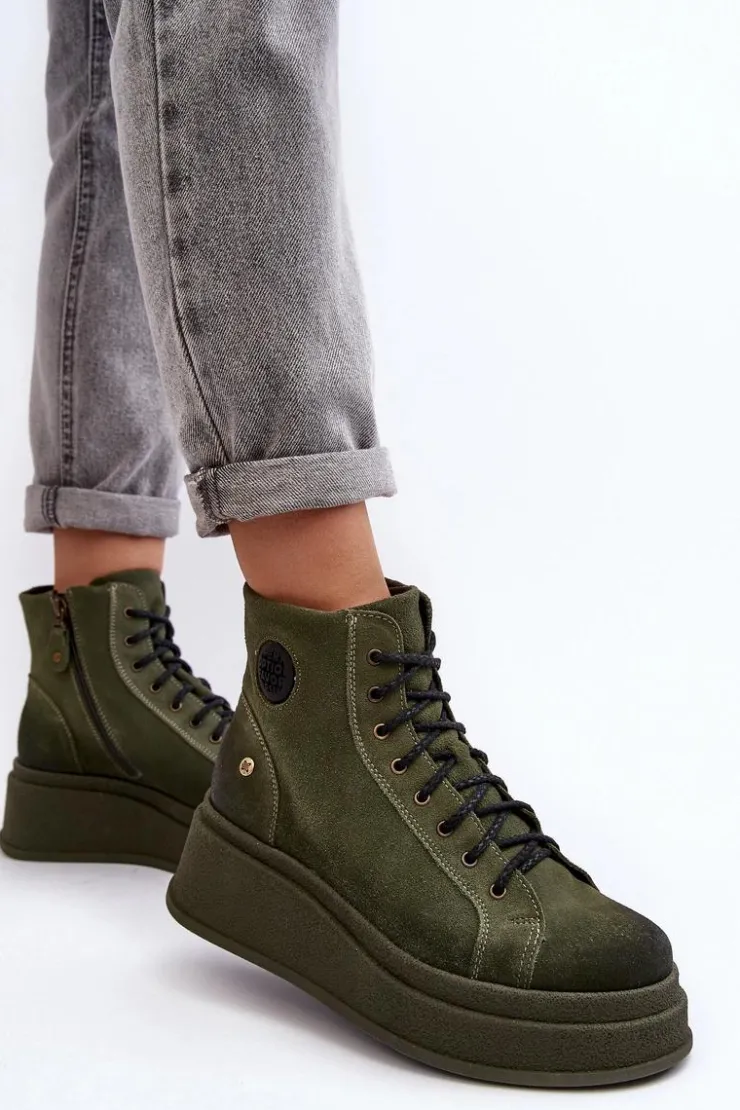 Discount Maciejka Zamszowe Botki Na Masywnej Platformie 06309-24 Oliwkowe