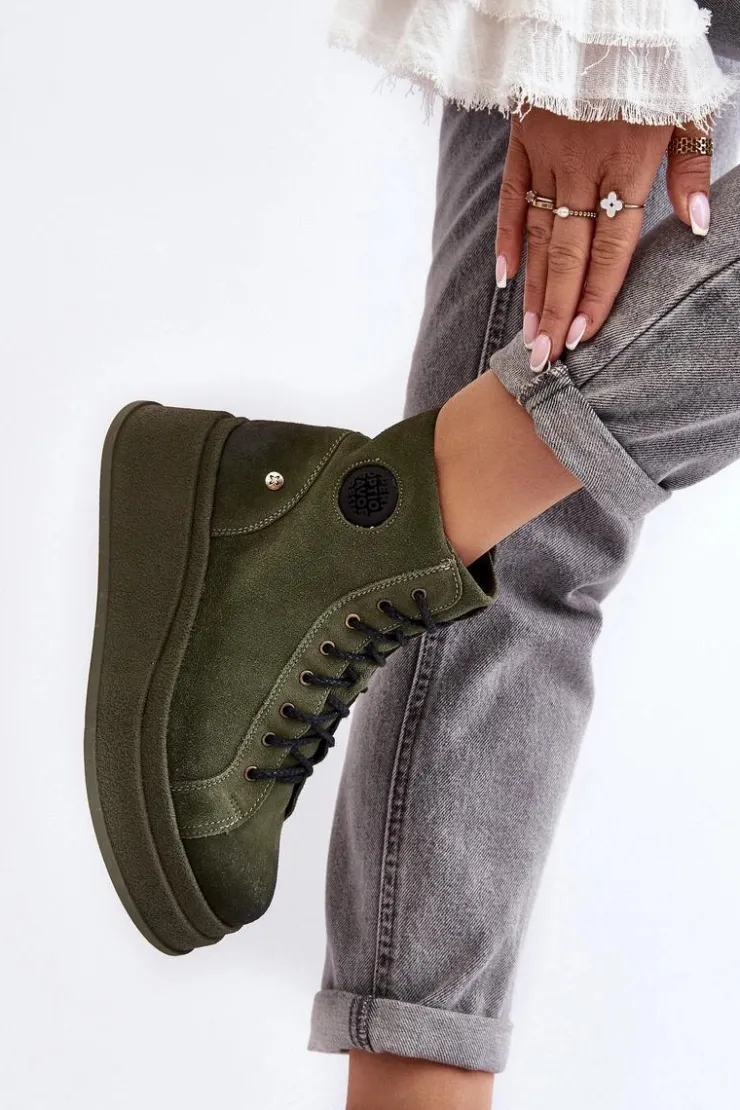 Discount Maciejka Zamszowe Botki Na Masywnej Platformie 06309-24 Oliwkowe