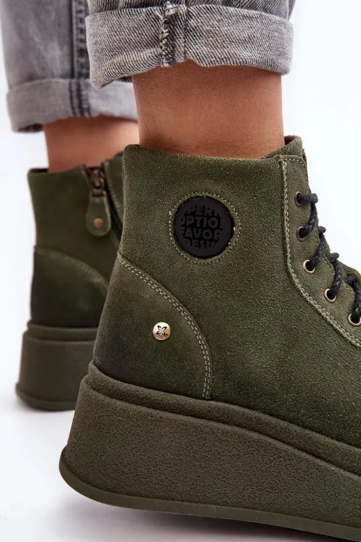 Discount Maciejka Zamszowe Botki Na Masywnej Platformie 06309-24 Oliwkowe