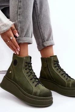Discount Maciejka Zamszowe Botki Na Masywnej Platformie 06309-24 Oliwkowe