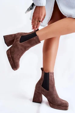 Laura Messi Botki Ocieplane|Czarne Botki*Zamszowe Botki Na Masywnym Obcasie 2519 Brązowe Brązowy