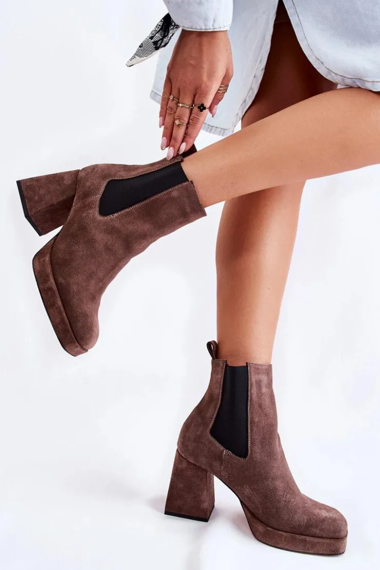 Laura Messi Botki Ocieplane|Czarne Botki*Zamszowe Botki Na Masywnym Obcasie 2519 Brązowe Brązowy