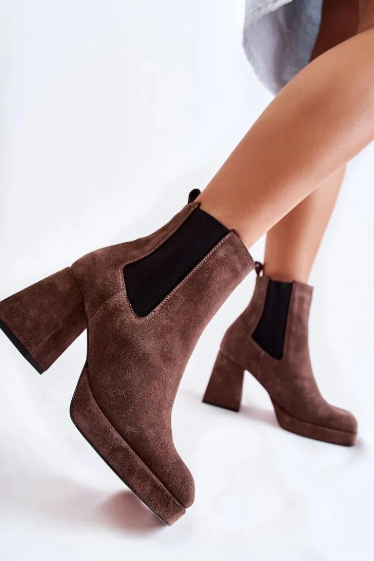 Laura Messi Botki Ocieplane|Czarne Botki*Zamszowe Botki Na Masywnym Obcasie 2519 Brązowe Brązowy