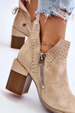 Boto Botki Wiosenne|Botki Na Słupku*Zamszowe Botki Na Masywnym Obcasie Jasnobeżowe Camden
