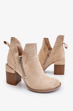 Boto Botki Wiosenne|Botki Na Słupku*Zamszowe Botki Na Masywnym Obcasie Jasnobeżowe Camden