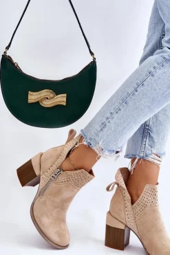 Boto Botki Wiosenne|Botki Na Słupku*Zamszowe Botki Na Masywnym Obcasie Jasnobeżowe Camden