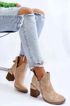 Boto Botki Wiosenne|Botki Na Słupku*Zamszowe Botki Na Masywnym Obcasie Jasnobeżowe Camden