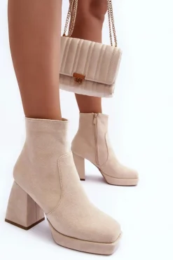 Damskie Boto Zamszowe Botki Na Masywnym Obcasie Jasnobeżowe Abnous