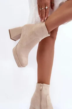Damskie Boto Zamszowe Botki Na Masywnym Obcasie Jasnobeżowe Abnous