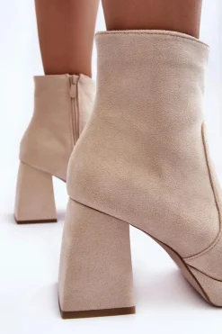 Damskie Boto Zamszowe Botki Na Masywnym Obcasie Jasnobeżowe Abnous