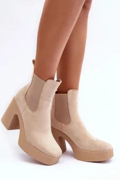 Damskie Boto Zamszowe Botki Na Masywnym Słupku Beżowe Sunilda