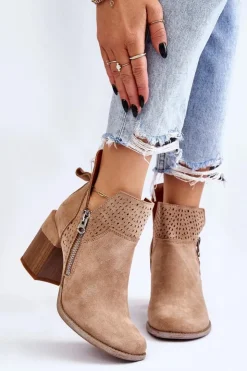 Damskie Boto Zamszowe Botki Na Masywnym Obcasie Beżowe Camden