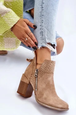 Damskie Boto Zamszowe Botki Na Masywnym Obcasie Beżowe Camden