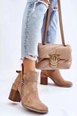 Damskie Boto Zamszowe Botki Na Masywnym Obcasie Beżowe Camden