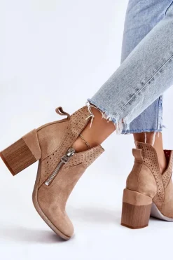 Damskie Boto Zamszowe Botki Na Masywnym Obcasie Beżowe Camden