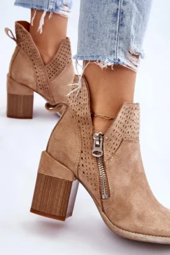 Damskie Boto Zamszowe Botki Na Masywnym Obcasie Beżowe Camden