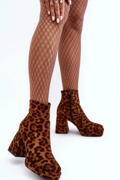 Boto Botki Na Słupku|Brązowe I Beżowe Botki*Zamszowe Botki Na Masywnym Obcasie Zwierzęcy Wzór Brązowe Abnous