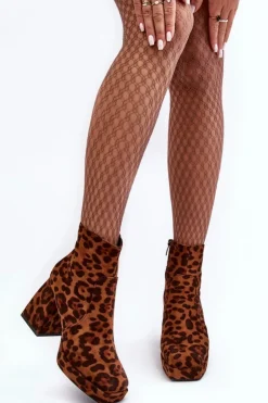 Boto Botki Na Słupku|Brązowe I Beżowe Botki*Zamszowe Botki Na Masywnym Obcasie Zwierzęcy Wzór Brązowe Abnous