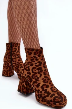 Boto Botki Na Słupku|Brązowe I Beżowe Botki*Zamszowe Botki Na Masywnym Obcasie Zwierzęcy Wzór Brązowe Abnous