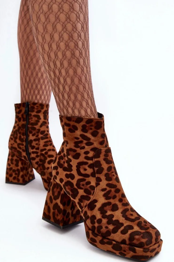 Boto Botki Na Słupku|Brązowe I Beżowe Botki*Zamszowe Botki Na Masywnym Obcasie Zwierzęcy Wzór Brązowe Abnous