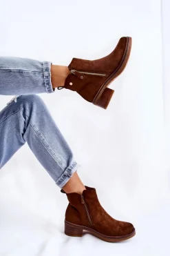 Damskie Boto Zamszowe Botki Na Niskim Słupku Brązowe Laurisa