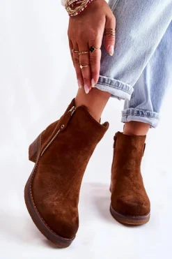 Damskie Boto Zamszowe Botki Na Niskim Słupku Brązowe Laurisa