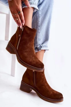 Damskie Boto Zamszowe Botki Na Niskim Słupku Brązowe Laurisa