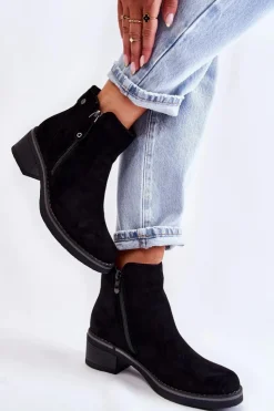 Boto Botki Na Słupku|Czarne Botki*Zamszowe Botki Na Niskim Słupku Czarne Laurisa