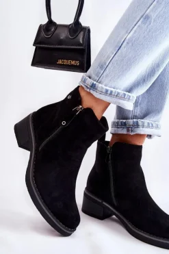 Boto Botki Na Słupku|Czarne Botki*Zamszowe Botki Na Niskim Słupku Czarne Laurisa