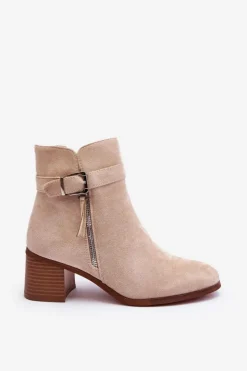 Best Boto Zamszowe Botki Na Obcasie Z Klamrą Beżowe Bronte