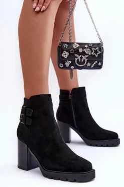 Damskie Boto Zamszowe Botki Na Obcasie Czarne Makeline