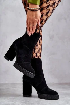 Boto Damskie Trapery|Botki Skórzane*Zamszowe Botki Na Obcasie Czarne Elia Czarny