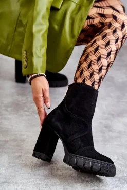 Boto Damskie Trapery|Botki Skórzane*Zamszowe Botki Na Obcasie Czarne Elia Czarny