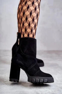 Boto Damskie Trapery|Botki Skórzane*Zamszowe Botki Na Obcasie Czarne Elia Czarny