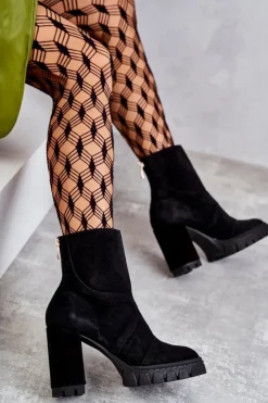 Boto Damskie Trapery|Botki Skórzane*Zamszowe Botki Na Obcasie Czarne Elia Czarny