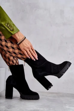 Boto Damskie Trapery|Botki Skórzane*Zamszowe Botki Na Obcasie Czarne Elia Czarny