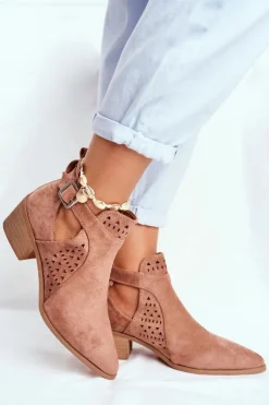 Discount Boto Zamszowe Botki Na Obcasie Z Klamrą Różowe Esen