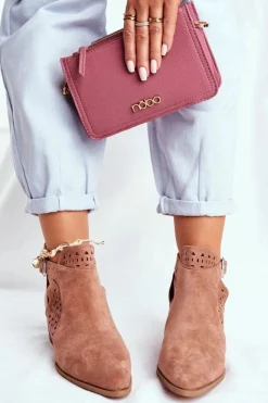 Discount Boto Zamszowe Botki Na Obcasie Z Klamrą Różowe Esen