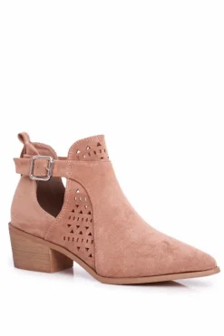 Discount Boto Zamszowe Botki Na Obcasie Z Klamrą Różowe Esen