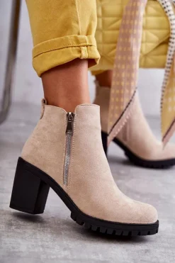 Damskie Boto Zamszowe Botki Na Obcasie Z Suwakiem Jasnobeżowe Sevione