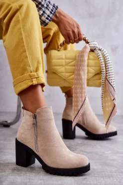 Damskie Boto Zamszowe Botki Na Obcasie Z Suwakiem Jasnobeżowe Sevione