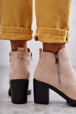 Damskie Boto Zamszowe Botki Na Obcasie Z Suwakiem Jasnobeżowe Sevione