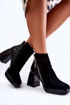 Outlet Boto Zamszowe Botki Na Obcasie Geometryczny Wzór Czarne Alienore Czarny
