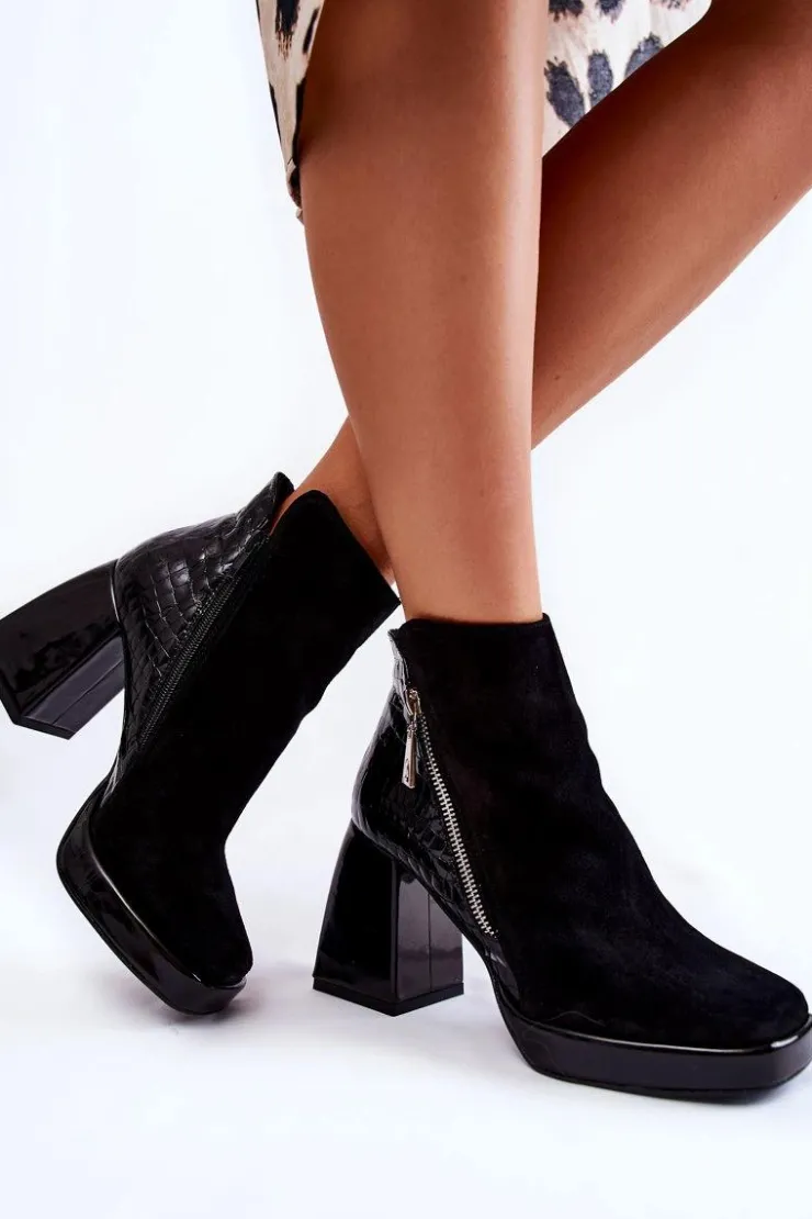 Outlet Boto Zamszowe Botki Na Obcasie Geometryczny Wzór Czarne Alienore Czarny