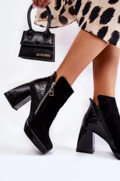 Outlet Boto Zamszowe Botki Na Obcasie Geometryczny Wzór Czarne Alienore Czarny