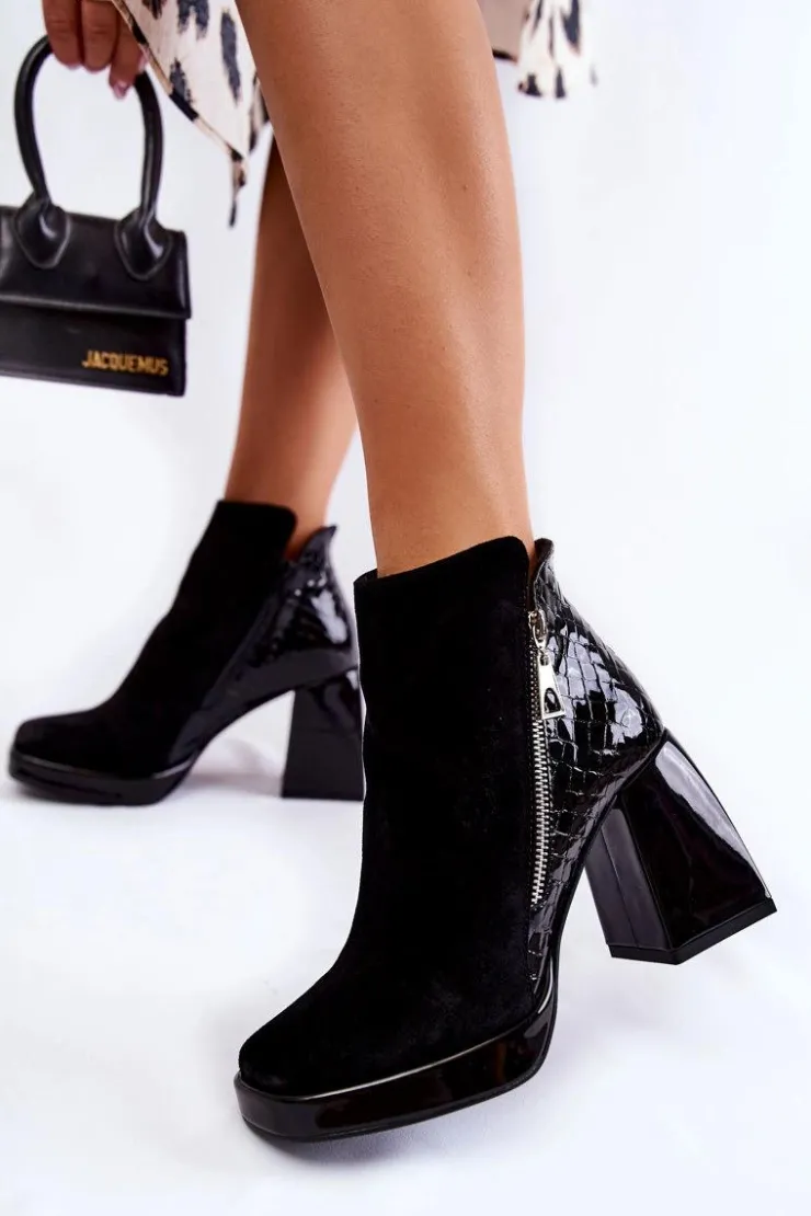 Outlet Boto Zamszowe Botki Na Obcasie Geometryczny Wzór Czarne Alienore Czarny