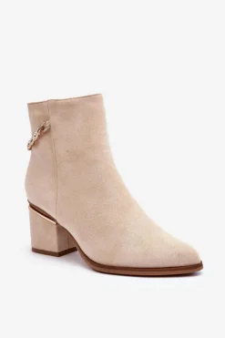 Boto Brązowe I Beżowe Botki|Botki Na Obcasie*Zamszowe Botki Na Obcasie Z Biżuteryjną Ozdobą Beżowe Jadirel