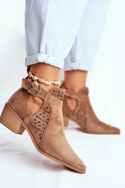 Damskie Boto Zamszowe Botki Na Obcasie Z Klamrą Beżowe Esen